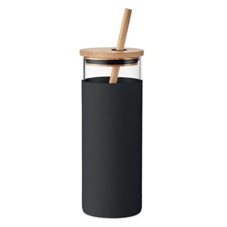 Strass Üvegpohár bambusz fedéllel - fekete