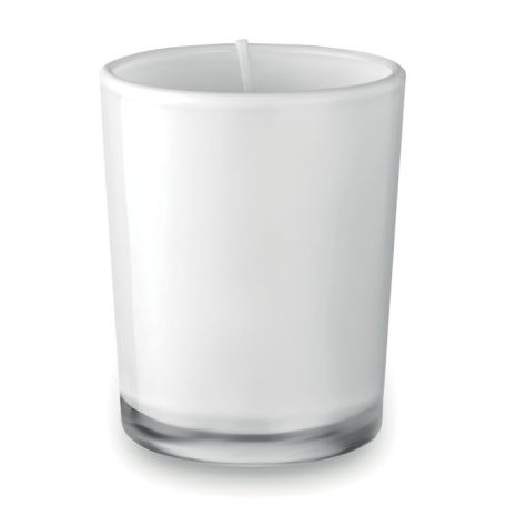 Kis gyertya üveg tartóban, fehér